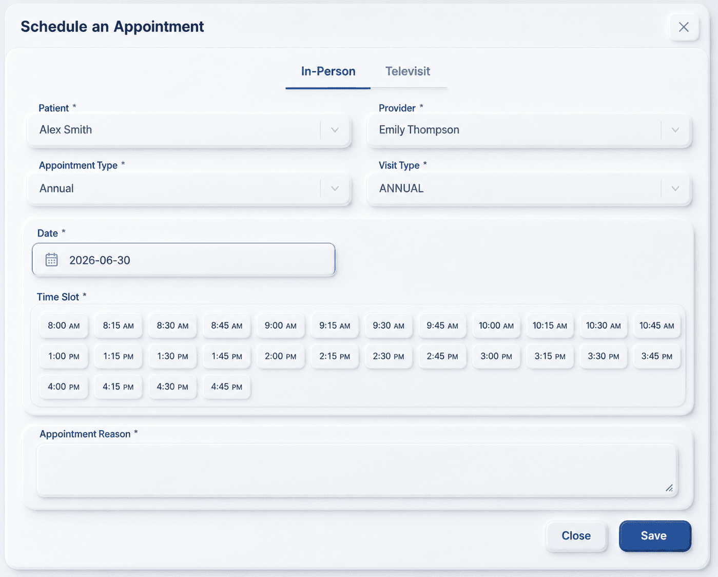 Advanced Appointment Scheduling - Smart scheduling interface with time slots