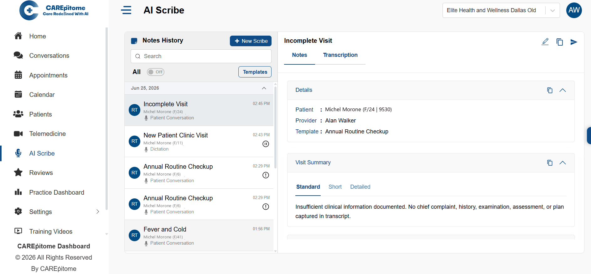 CAREpitome Scribe web dashboard showing a generated clinical note